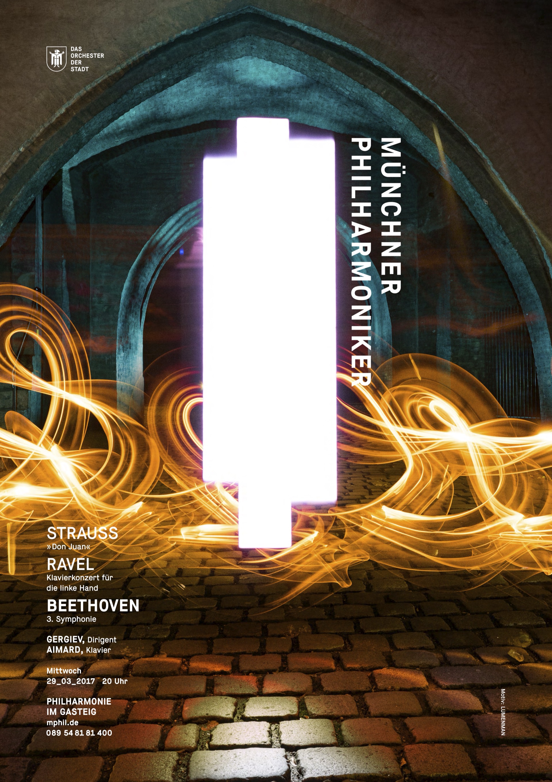 Münchner Philharmoniker — Konzertplakat Beethoven Eroica, Sound-Logo aus Licht am Isartor